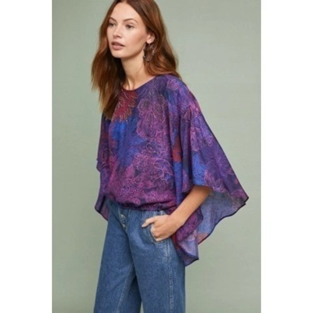 5X Anthropologie Beaded Floral Poncho Blouse Top M